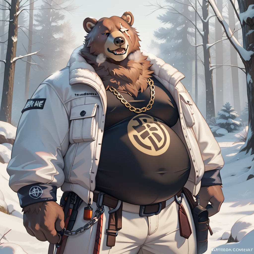 realistic, realistic fur, photorealistic, detailed fur, detailed eyes, detailed, animal, anthro, furry,  BenBigger, facial scar, obese, huge belly, pose, posing, sexy pose, pinup, chain necklace, white jacket, black shirt, white pants, winter, in the forest, snow, cold, heavy breathing, steam from the mouth, joyful, cheerful, sweaty