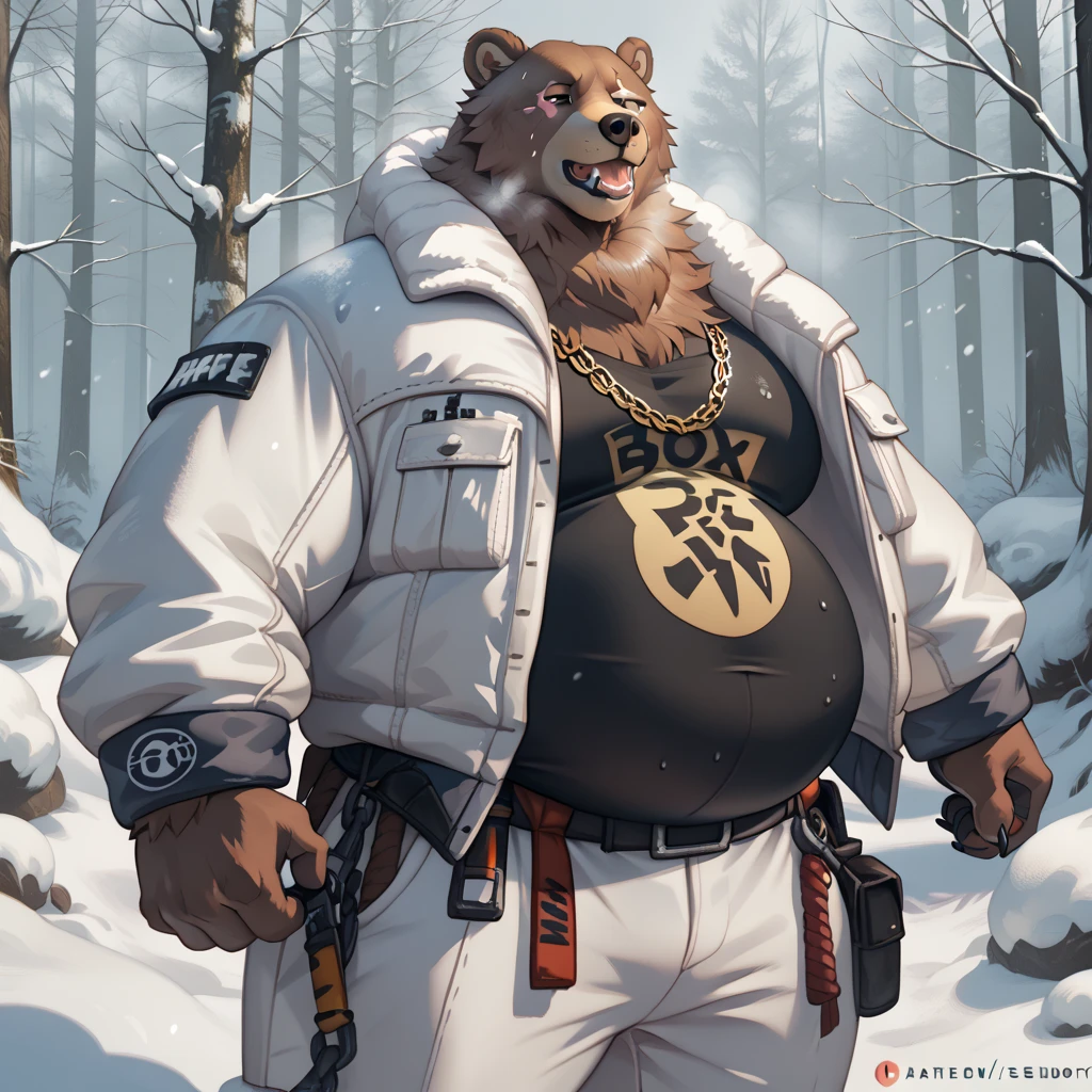 realistic, realistic fur, photorealistic, detailed fur, detailed eyes, detailed, animal, anthro, furry,  BenBigger, facial scar, morbed obesity, huge inflated belly, inflated body, inhumanly fat, pose, posing, sexy pose, pinup, chain necklace, white jacket, black shirt, white pants, winter, in the forest, snow, cold, heavy breathing, steam from the mouth, joyful, cheerful, sweaty