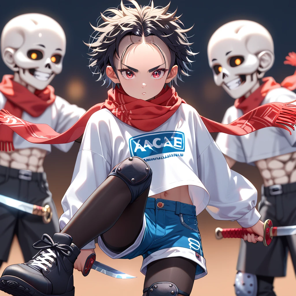 masterpiece, highest_quality, ultra_detailed, depth_of_field, 1boy_focus, boy is (japanese_femboy, (black_hair, messy_hair, crew_cut, forehead_bangs, black_slant_eyes, close_set_low_eyebrows, large_ears), flat_chest, (skeleton_mask:1.5, oversized_shirts, (wide_shorts, leggings):1.5, leather_shoes, legace, knee_pad, scarf):1.5, fighting_pose), five_fingers, detailed_face, full_of_details, hold_cutlass, hold_dagger, dual_wielding