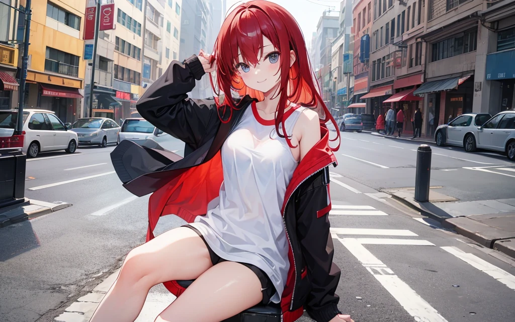 beautiful sunset Satanichia Mcdowell dressed beautifully in a casual black shirt and a light turquoise coat with sunglasses placed on her forehead sitting on a bridge with a smile and warm semi-long red hair magenta eyes Wide angle 1.5