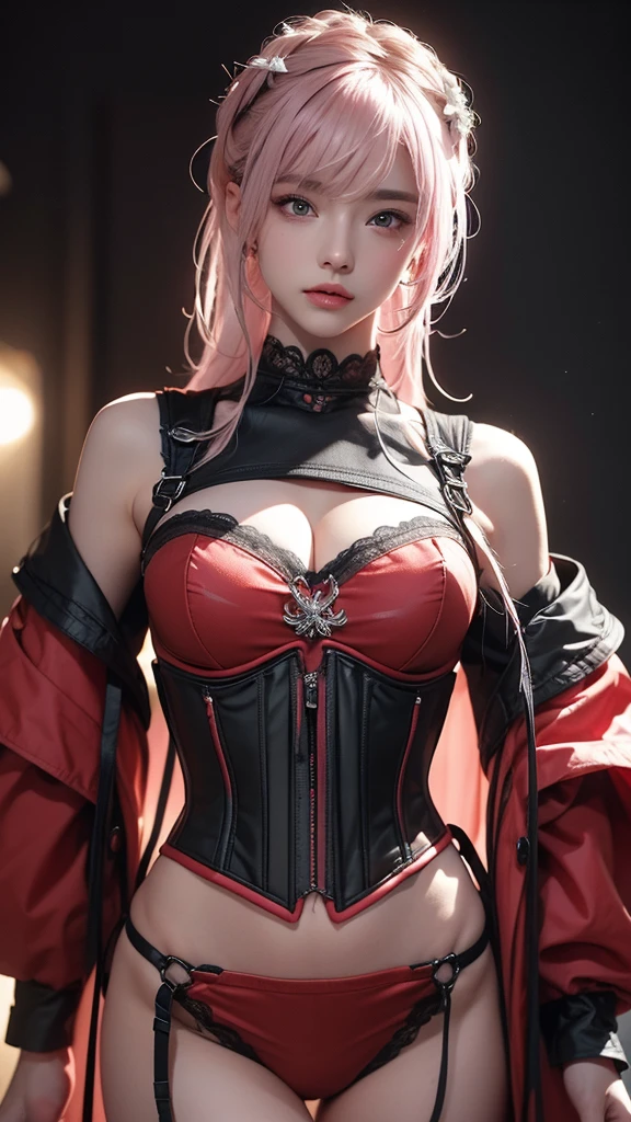 ((school uniform)), (Jumper skirt), ((corset)), (View your viewers), sexy, ((alone)), (1 female), ((Age 25)), ((highest quality)), ((masterpiece)), (Familiar), Perfect Face, 8k , (Cowboy Shot), short hair, (((Pink Hair 1.5))), Bobcut, black eye, Beautiful Princess, smile, Thin thighs, Medium chest, Perfect limbs, ((Metallic costumes)), sexy, Are standing,