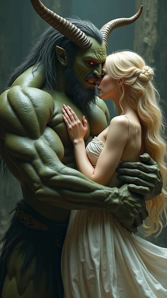 fantastical scene featuring a muscular, horned creature with a greenish complexion and red eyes, embracing a woman with long, blonde hair. The woman appears to be wearing a light, flowing garment, and the overall aesthetic has a dark, mythical quality to it. The creature's features suggest a supernatural or demon-like being, while the woman looks serene in the embrace, creating a contrast between the two figures. The artwork combines elements of fantasy and romance.Obra maestra, Anatómicamente correcto, Alta resolución, UHD, Alta calidad, Modelo HD, Ukiyo-e, Renderizado 3D, Unreal Engine, Realismo, 