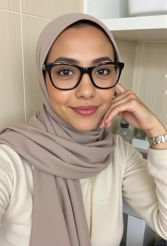 Close-up of a young woman. 


She is wearing a light taupe-gray hijab, a headscarf common in some Muslim cultures. She is also wearing eyeglasses with a slightly squared, bold frame. The eyeglasses appear to have dark lenses. A gold chain is visible around her neck. 


The woman has medium-toned skin, and her expression appears neutral. Her arms are visible and relaxed, with one arm supporting her head. A wristwatch is on her left wrist.


Her breasts are visible.


The background is a light beige-colored wall or tile. A portion of a white/light colored bathroom/washroom cabinet is visible in the lower background. Part of a white container or object, potentially a cleaning/laundry supply container, is visible in the upper right corner of the image. The lighting is relatively bright and casts no significant shadows.