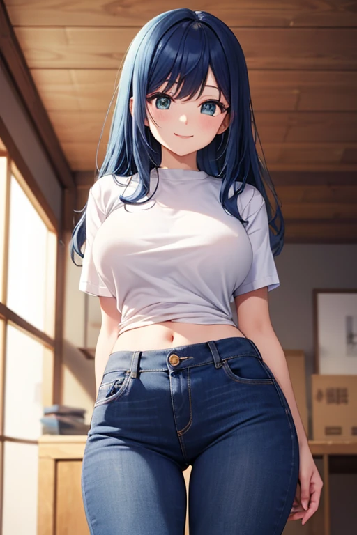   a woman, aldult,， Amyo Kurokawa ， Long blue hair , Smile,   white shirt  , Roll up your sleeves,   ,    blue jeans  ,   showing her hips  ,  Round Hips  , 4K