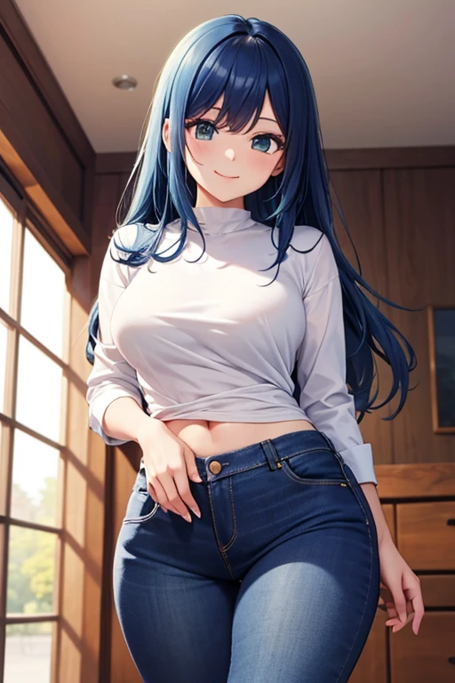   a woman, aldult,， Amyo Kurokawa ， Long blue hair , Smile,   white shirt  , Roll up your sleeves,   ,    blue jeans  ,   showing her hips  ,  Round Hips  , 4K