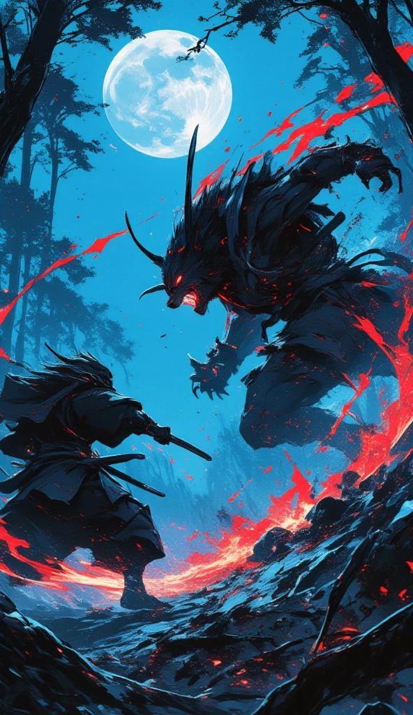 A samurai with a katana fights a werewolf in the forest. The werewolf is a few times larger than the samurai; it charges at the samurai angrily, jumping in the air with its menacing claws in the middle of a swipe. The glaring red trail of its claws swipe is visible. Some trees are chopped down from their fight. Up in the sky, the full moon shines brightly from afar.