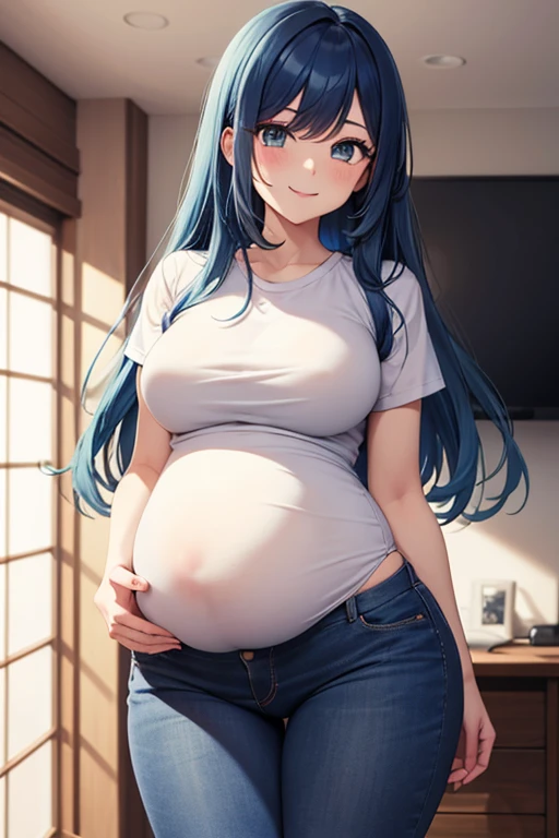    a woman, aldult,，  Ami Kurokawa  ， Long blue hair  , Smile,    white shirt   ,  roll up your sleeves,   ,      blue jeans   ,   Show off her hips   ,   Rounded Hips   , 4K，Pregnant，Mother