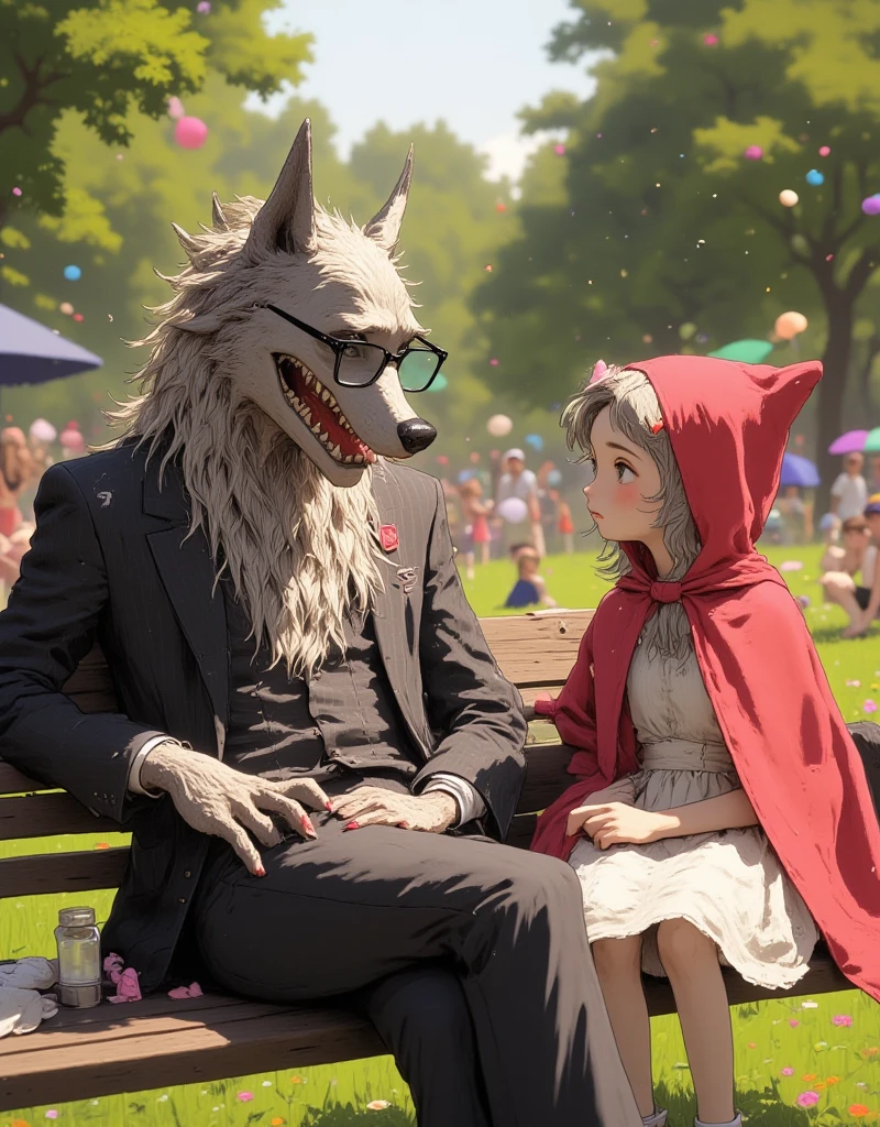 (werewolf\(silver wolf,bald head, muzzle, fang,sharp teeth,long nail, wolf body,aged, tired, businessman, worn-out suit, wear glasses,silver fur\) eating lunch at the bench in a park).(little red riding hood\(wearing red-hood,cute girl, from fairy-tail\) sitting next to him boreing). The park is a nice day and families are playing. safe for work.great focus at werewolf, bokeh,niji style