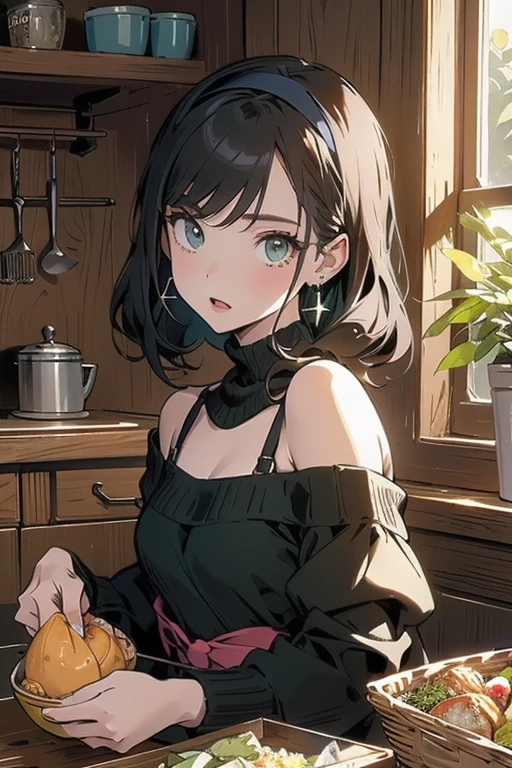 (small breasts:1.3), (perky chest:1.1), (pointed chest:1.0), (Pudding cake magazine cover:1.3)，(from above:1.0),(from side:0.9),masterpiece, 1girl, Amazing Cleavage:1.1, thin waist, big ass, Raised sexy, small breast: 1.3, sexy posed cleavage:1.2,solo, open mouth, have a cute grass of cute beergrass,bronde hair, dark blue eyes, dress, bare shoulders, jewelry, collarbone, sidelocks, hairband, earrings, indoors, off shoulder, sweater, arms behind back, plant, short hair with long locks, gild hairband, sweater dress:1.2, off-shoulder sweater, red sweater, dark gord hair, big side hair, very long side hair,is rendered in (masterpiece: 1.2, best quality), with (ultra high resolution) and an exquisite (depth of field). This masterpiece is not only visually stunning but also tells,A scene of cooking in the kitchen in the classroom ,looking at viewer,
