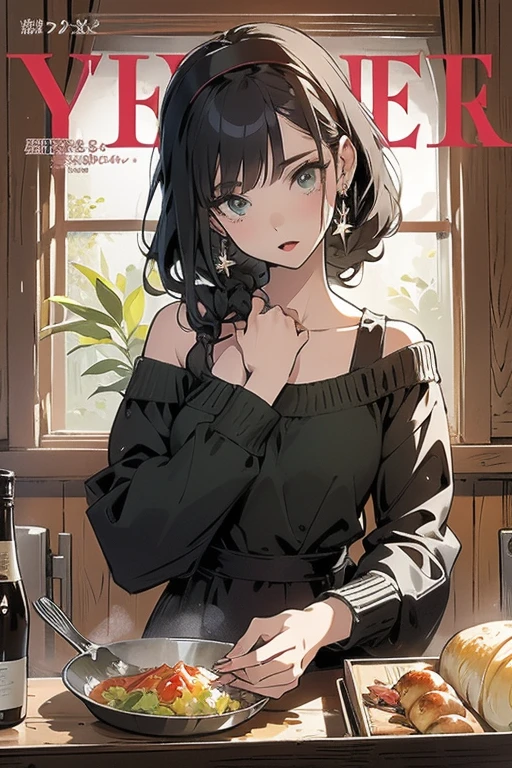 (small breasts:1.3), (perky chest:1.1), (pointed chest:1.0), (Pudding cake magazine cover:1.3),(from above:1.0),(from side:0.9),masterpiece, 1girl, Amazing Cleavage:1.1, thin waist, big ass, Raised sexy, small breast: 1.3, posed cleavage:1.2、solo, looking at viewer, open mouth, have a cute grass of cute beergrass,black hair, dark green eyes, dress, bare shoulders, jewelry, collarbone, sidelocks, hairband, earrings, indoors, off shoulder, :o, sweater, arms behind back, plant, short hair with long locks, gild hairband, off-shoulder dress, sweater dress, off-shoulder sweater, red sweater, dark gord hair, big side hair, very long side hair,is rendered in (masterpiece: 1.2, best quality), with (ultra high resolution) and an exquisite (depth of field). This masterpiece is not only visually stunning but also tells,A scene of cooking in the kitchen by classroom
