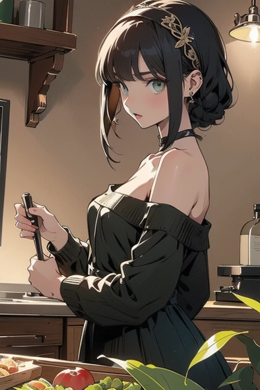 (small breasts:1.2), (perky chest:1.1), (pointed chest:1.0), (hand gun magazine cover:1.3),(from below:1.2),(from side:0.9),masterpiece, 1girl, Amazing Cleavage:1.1, thin waist, big ass, Raised sexy, small breast: 1.2, posed cleavage:1.2、solo, open mouth, have a cute grass of cute beergrass,black hair, dark green eyes, dress, bare shoulders, jewelry, collarbone, sidelocks, hairband, earrings, indoors, off shoulder, sweater, arms behind back, plant, short hair with long locks, gild hairband, sweater dress:1.2, off-shoulder sweater, red sweater, dark gord hair, big side hair, very long side hair,is rendered in (masterpiece: 1.2, best quality), with (ultra high resolution) and an exquisite (depth of field). This masterpiece is not only visually stunning but also tells,A scene of cooking in the kitchen by classroom ,looking at viewer,