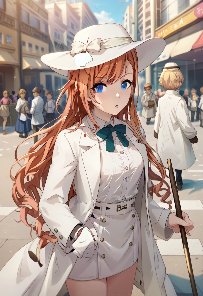 arisugawa natsuha, long hair, orange hair, grey eyes, white fedora, white trench coat, white suits, stick, street, the crowd bows to her, crowd, 