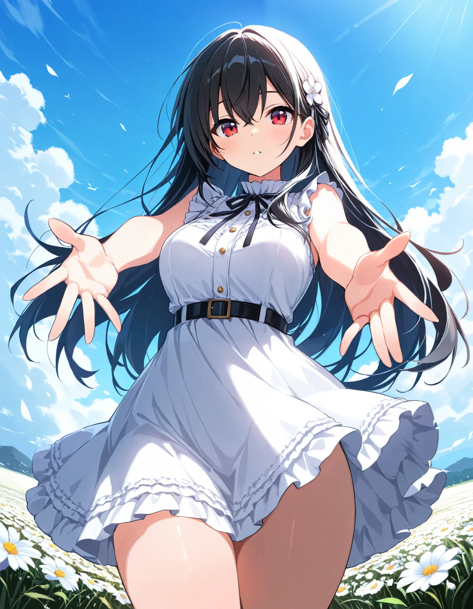 1girl, solo, general, outstretched arms, flower field, day, blue sky, long hair, black hair, red eyes, medium breasts, thick thighs, looking at viewer, white dress, sleeveless, masterpiece, absurdres, very aesthetic, best quality, good quality