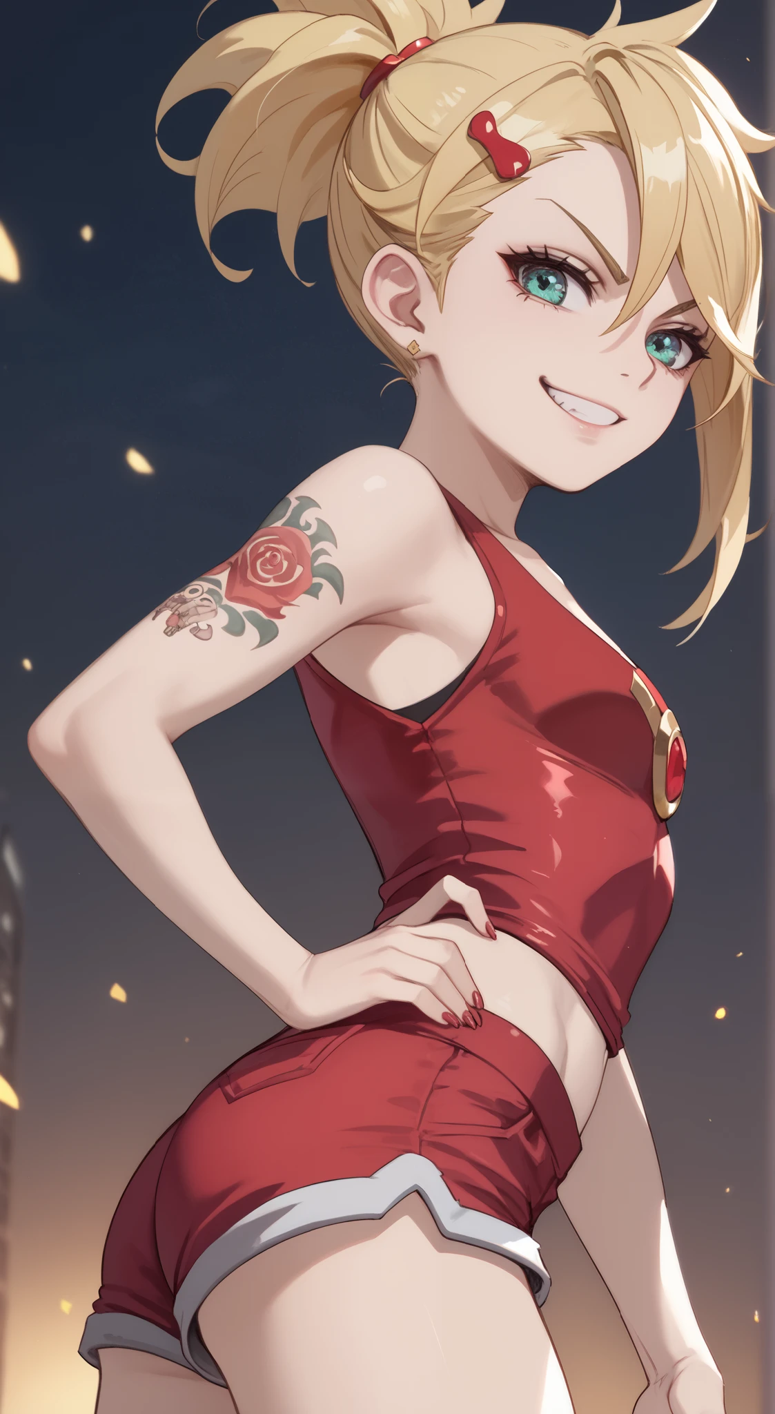 young girl, longue blonde hair, Hairpin with a bundle, turquoise eyes, Yakuza tattoos, red tight uniform, Sleeveless, Wide neckline on the chest to the abdomen, Gold Elements, Red gold armor, Shorts, claws, smirk, Masterpiece, hiquality, 4k, HD, Good details, side view, side overview