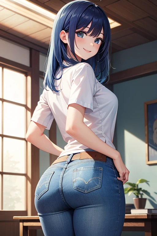  a woman, aldult,，Akane Kurokawa， long blue hair, Smile,  white shirt , roll up sleeves,  htmalina ,  Blue Denim Pants,  Red Ribbon to Show Her Ass ,  Rounded Hips , 4K