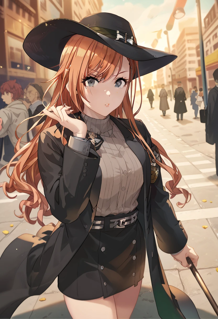 arisugawa natsuha, long hair, orange hair, grey eyes, black fedora, black trench coat, black suits, stick, street, crowd bows to her, crowd, scar face, pov