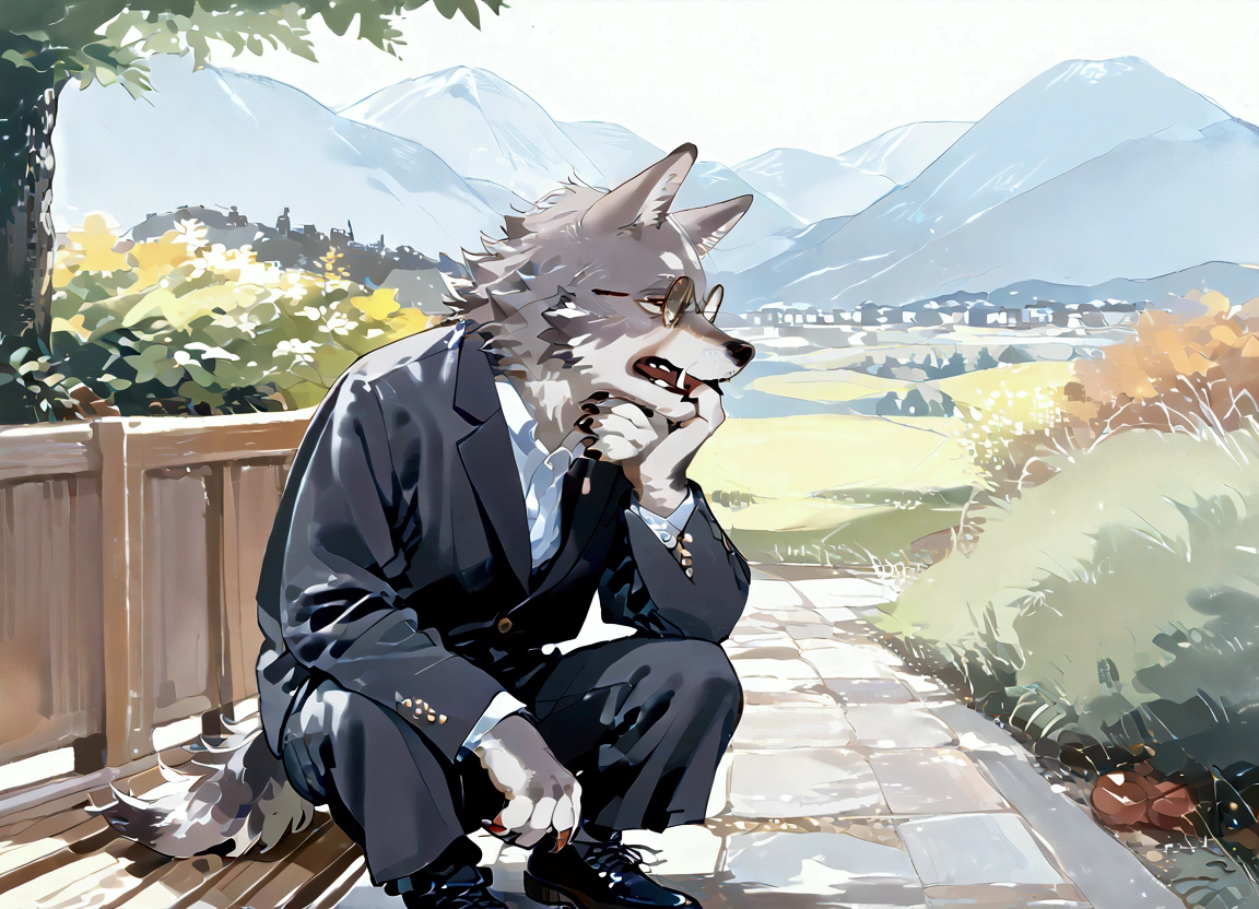 (solo:1.3),1boy\((wolf:1.4),(kemono),(furry),(old:1.3),bald head, tired,worn-out suit, businessman, glasses,fangs,sharp teeth,sharp nails, eating lunch. at the bench, in a park, solitude,full body\).The park is a nice day and youngs are playing. score_9, score_8_up, score_7_up, score_6_up, score_5_up, score_4_up, source_anime,source_furry,rating_safe,rating_questionable,masterpiece, best quality, perfect anatomy , very aesthetic , absurdres,landscape