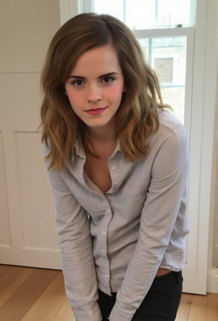 A light white-skinned woman, 25 years old, with black eyes and long blonde  hair reaching her chest. She has a smile with subtle fangs and small breasts. She is ????? and is sitting with her legs open. Shows her vulva and anus.  Waring uniforme hogwarts grifindor. Look as Emma Watson. Not short and not pantys. Shows  her pussy