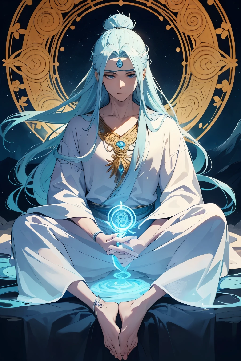An ethereal-looking man with long, flowing white hair, bound by chains in the center of a mystical formation known as the "Immortal Sealing Array". He sits in a cross-legged position, his eyes peacefully closed as he engages in deep meditation. (Fantasy:1.2), (Ancient legends:1.3), (Exquisite chain details:1.2), (Gentle white hair:1.1), (Tranquil expression:1.2), (Subtle glow surrounding the array:1.1), (Intricate patterns on the ground:1.2), (Spiritual energy radiating from the man:1.2), (Eastern mysticism:1.3), (Inspired by Taoist philosophy:1.2).