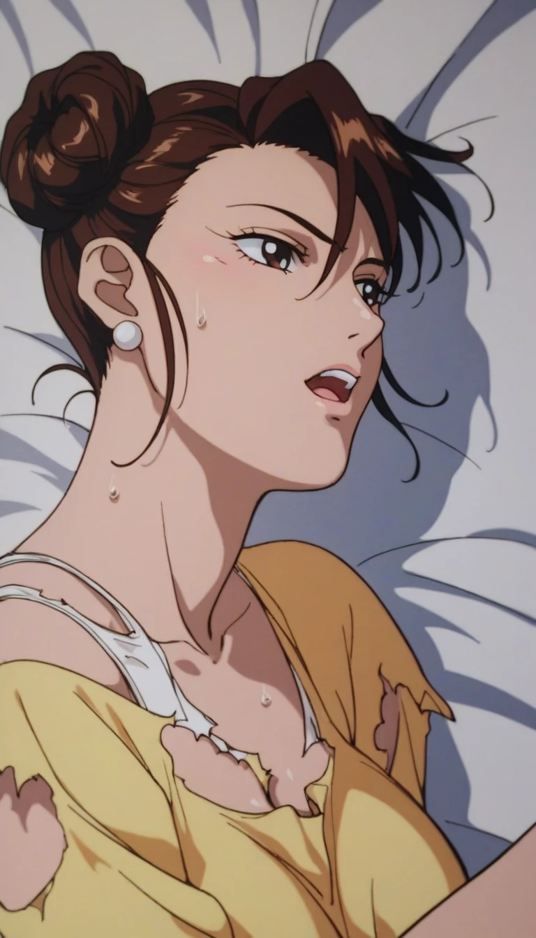 春麗映画bedroom,  1 girl,  Double Bang , Hair Bun,  brown hair , retro art style for stilets, 1990s ( style for stilets),  brown eyes, yellow dress,  short hair,  earrings,  Cowboy Shots、 torn clothes、 bra、NSFW、 detailed face 、 high image quality、bedroom、 bed、 Bare Her Boobs 、sweat