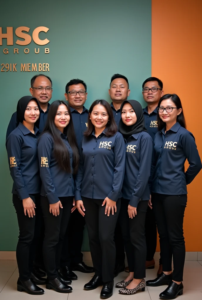 A total of 8 people consisting of 6 men wearing blue shirts with the words "Informa" written on their chests with the name "Best" Ricky Doro Dika Jaya Iqbal, 1 woman wearing a gray headscarf, slightly fat, wearing a blue shirt with the words "Informa" written on her chest with the name "Novi" in the middle, 1 man wearing a neat gray shirt with the words "Informa" written on his chest with the name "Salman" in the middle.