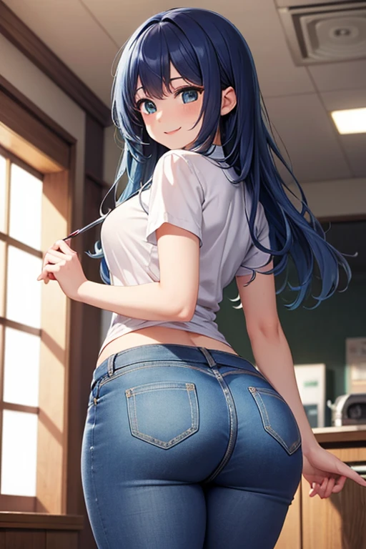  a woman, aldult,，Akane Kurokawa， long blue hair, Smile,  white shirt , roll up sleeves,  htmalina ,  Blue Denim Pants,  Show Her Ass ,  Rounded Hips , 4K