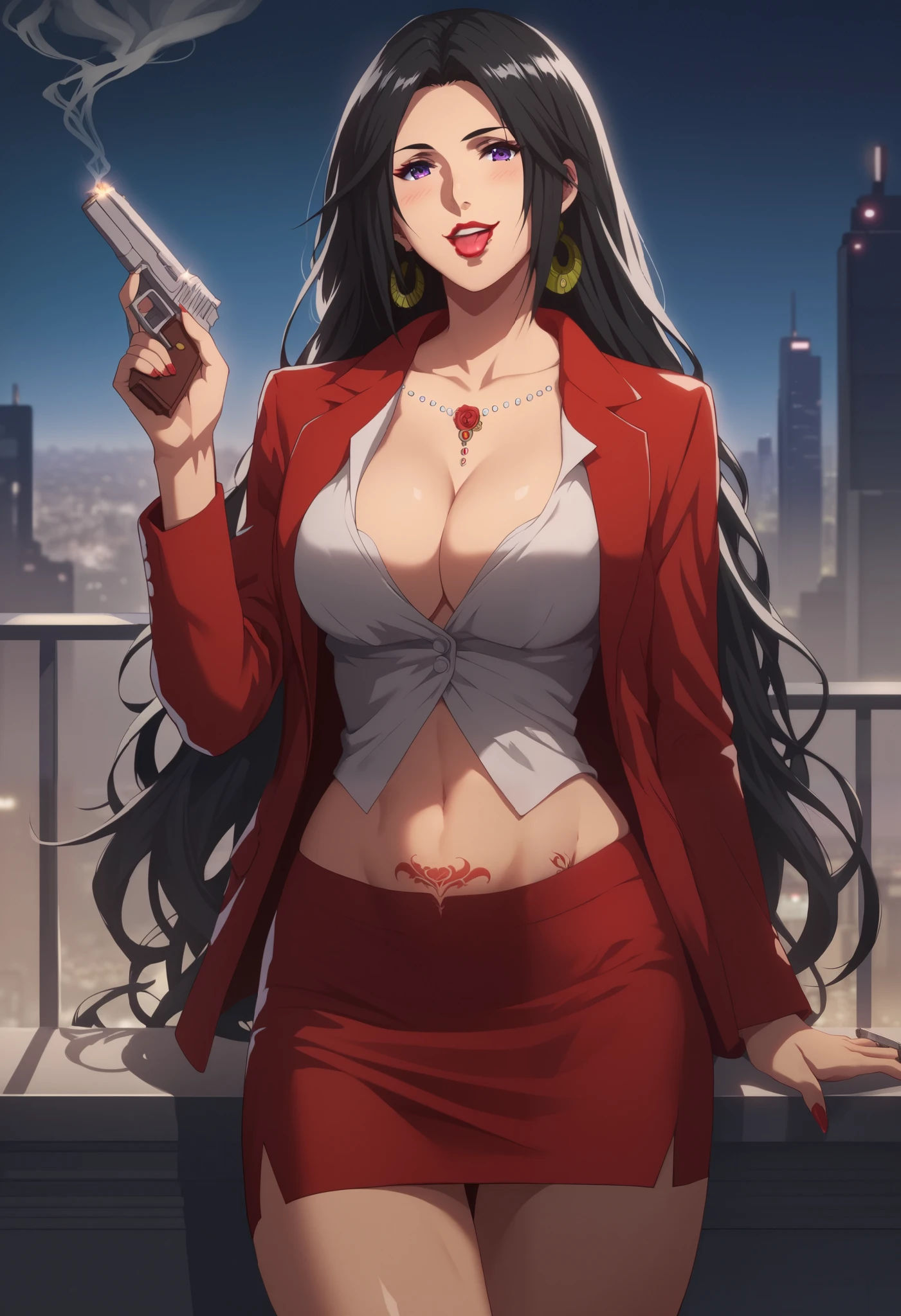 Karumen, blush, lipstick, long hair, crazy eyes ,Hot girl, baddie, staring, glaring, bad attitude, mean girl, crazy, smoking, sensual, attractive, outdoors, rooftop, cityscape, building, railing, night, night sky, scenery, city lights, fur trim, mature female, gloves, fur-trimmed coat ,masterpiece, best quality, highly detailed, a girls with a gun, open mouth, blazer, sexy gaze, (nsfw) not
safe for work, badass pose , evil smile, smile, black bra, anime girl with long hair, long haired girl,
navel, evil expression, exposed belly, exposed navel, exposed midriff, exposed lower belly, micro
miniskirt, micro pencil skirt, pencil skirt ,holding a gun, holding pistol