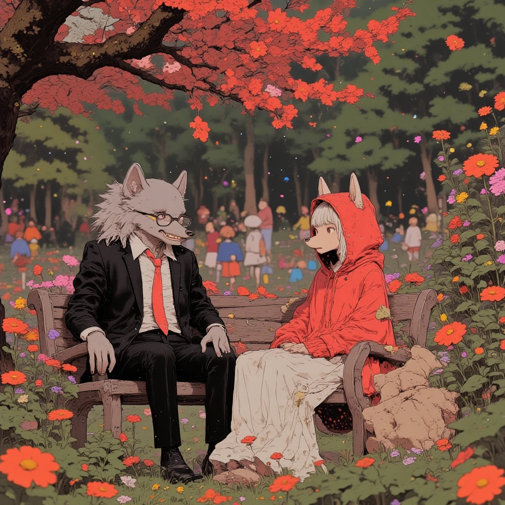 (werewolf\(silver wolf,bald head, muzzle, fang,sharp teeth,long nail, wolf body,aged, tired, businessman, worn-out suit, wear glasses,silver fur\) eating lunch at the bench in a park).(little red riding hood\(wearing red-hood,cute girl, from fairy-tail\) sitting next to him boreing). The park is a nice day and families are playing. safe for work.great focus at werewolf, bokeh,niji style