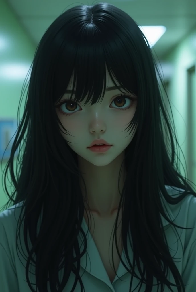 A young girl about with long black hair and green eyes and a cream colored fur jacket and huge breasts with innocent eyes, with a background of lockers, very tender and scared