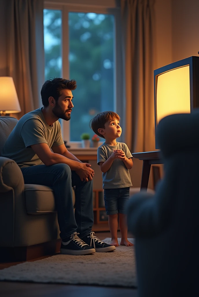 Give me an image of a dad watching tv and ignoring his son as he tried ...