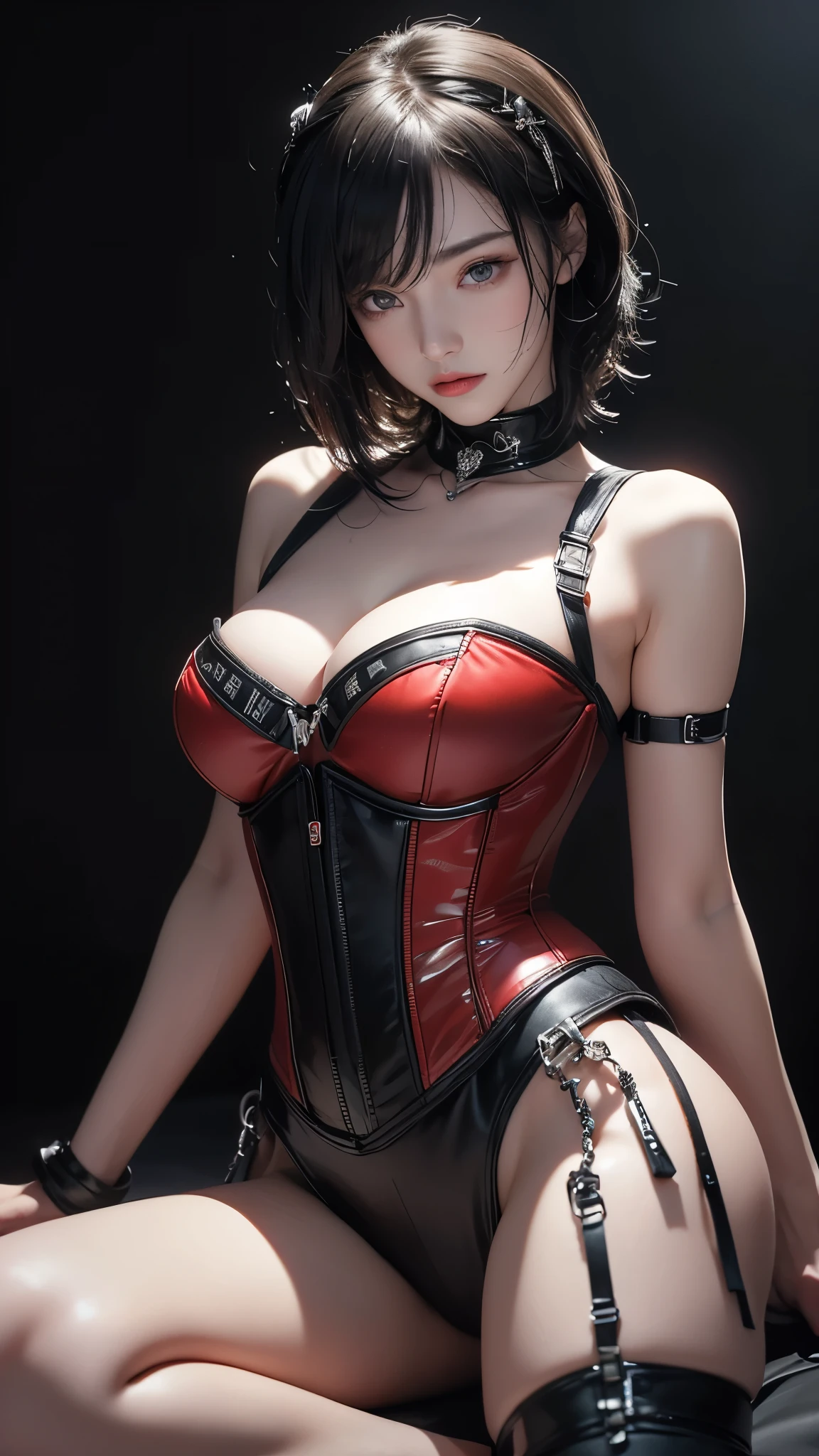 masterpiece, Highest quality, Very detailed, To the camera, Very detailed, Realistic, Sharp features, Very detailed, Sharp focus, Perfect Face, Perfect Face, Perfect symmetry and perfect eyes, Perfect Plump Lips, Flexible female form, cinematic, Film Light, Very detailedな, hyper Realistic, masterpiece, Atmospheric, High resolution, Vibrant, Dynamic Studio Lighting, ((Dark Background)), The facial expression when feeling happy, handcuffs, BDSM, slave, Rubber, Red Corset, (赤いfirst round), ((Highest quality, 8k, masterpiece: 1.3)), Sharp focus: 1.2, Beautiful woman with perfect figure: 1.4, Slim abs: 1.2, Wet body: 1.5, Very detailed face and skin texture, Detailed eyes, double eyelid, Very short hair,((SM lady)),((m嬢)),handcuffs,first round,Red and black outfit