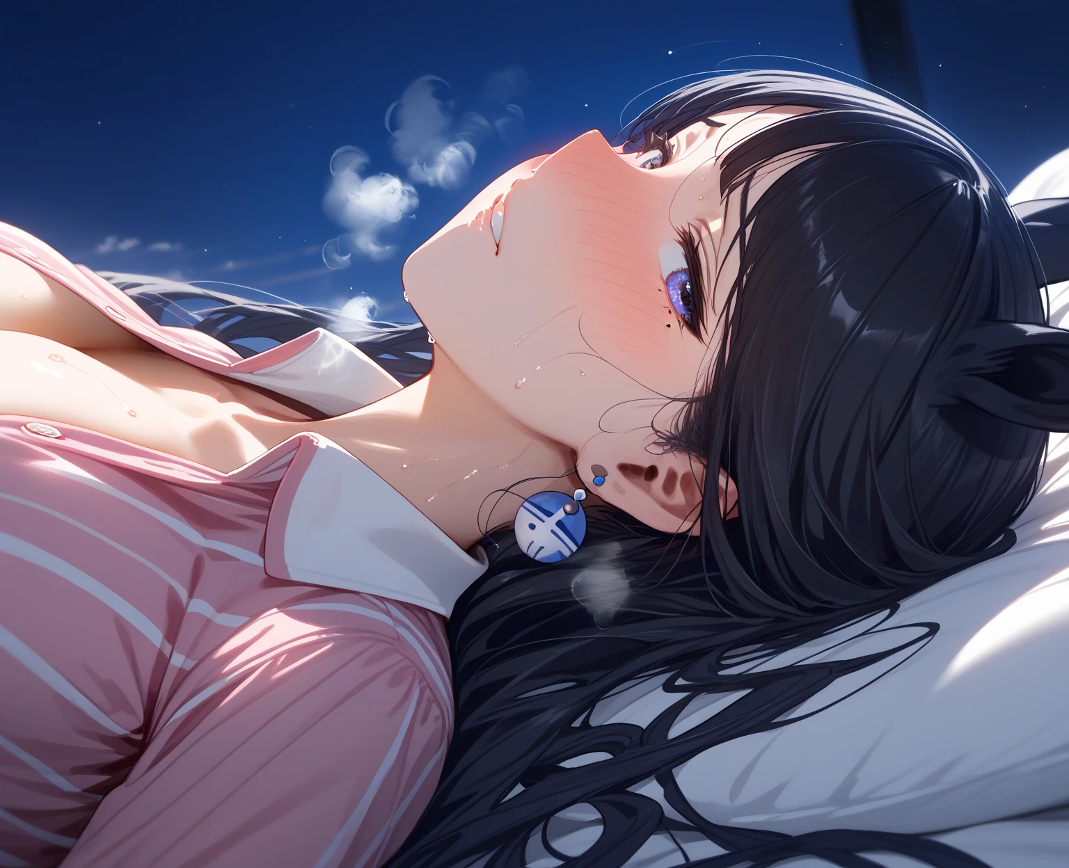 navy open Buttoned pajamas ,verxina \(Uma Musume\), 1girl, horse ears, horse tail, detached collar, hair ornament, mole under eye, earrings,black hair,long hair、solo
BREAK
25 year old woman、slender body,medium breasts,sexy Lip,looking at viewer ,nose blush,embarrassed,(liying on back:1.5),sweat,steam、 shoulder out、
BREAK
high definition , masterpiece,  anatomically correct ,  very detailed,  High Quality 
BREAK
bedroom at night,throw,(from side,close-up:1.3),upper body