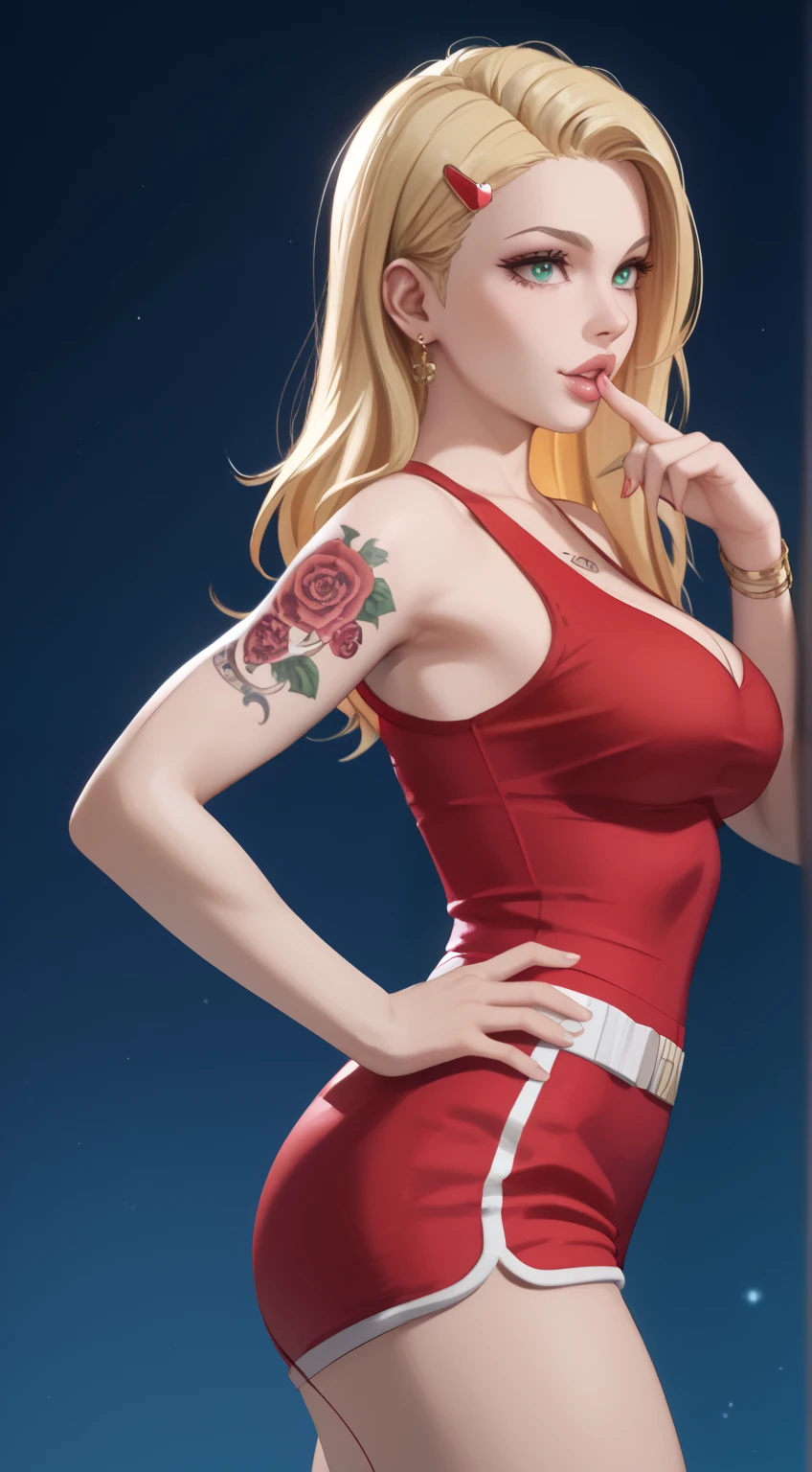 young girl, longue blonde hair, Hairpin with a bundle,  turquoise eyes, Yakuza tattoos, red tight uniform, Sleeveless, Wide neckline on the chest to the abdomen, Gold Elements, Red outfit, Shorts, Masterpiece, hiquality, 4k, HD, Good details, side view, side overview, Long Hair, thick lips