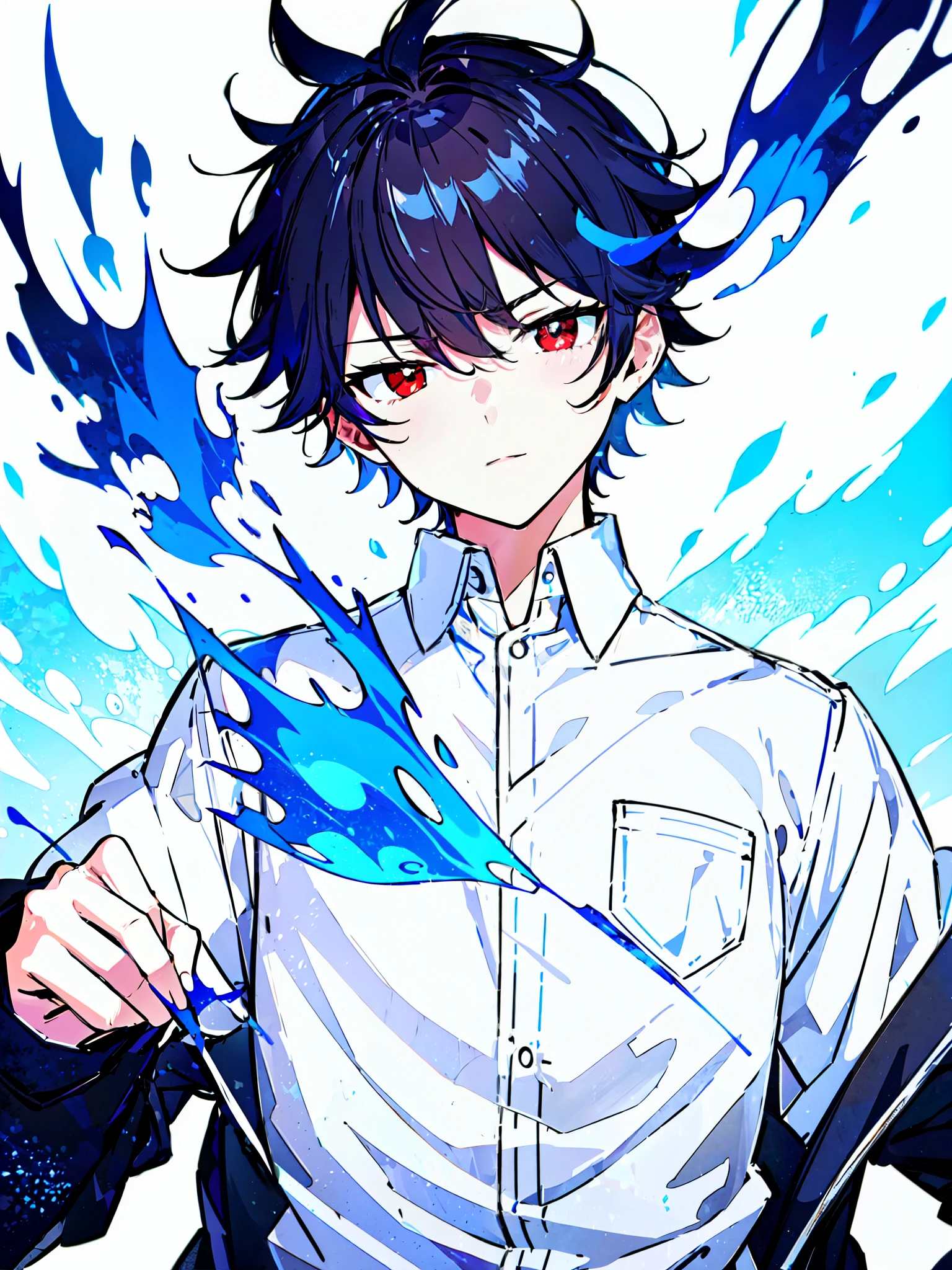 [(WHITE BACKGROUND:1.5),::5], ((masterpiece)), high quality, ultra very high resolution, full color, ((solo)), ((little younger boy)), white shirt, ((men's Black hair)), (Red eyes), anime, (upper body), (Blue Blaze effects:1.3)