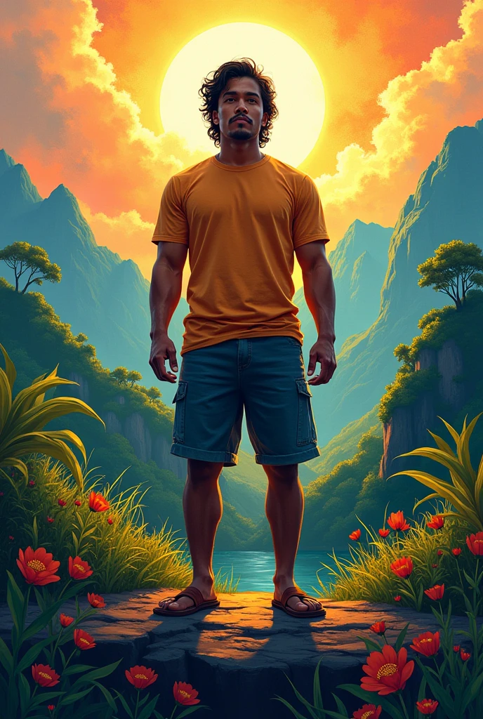 A young man, latino, cinnmon skin, thin face, straight nose, thin lips, square chin, large black eyes, short black, wavy hair, in roberto ferri style, aesthetic slim athletic body, very tall, latino, realistic skin, gorgeous, realistic detailed tonned muscles, barefoot, perfect anatomy, athletic slender body, 195cm tall, realistic skin, skinny realistic detailed muscles, he is naked , highlighting his muscle definition, barefoot, perfect detailed feet, relaxed body lenguaje, relaxed face expresion. ((low angle view, storbe lighting, Leading Lines composition )) background light blue, green stained flowers wall fullbody, hyper detailed scene, ,penisA young man, carefree figure walks towards the edge of a cliff, looking up at the sky. He is carrying a light backpack and is about to take a confident step into the void. In her right hand she holds a white flower while in her left an orange suitcase, fractal art (tarot card design), botanical illustration, sunflowers, classic and elegant flourish, Lofi artistic style, vintage, [(text that says "EL LOCO")], best quality, masterpiece, extremely detailed and intricate details, Negative prompt: EasyNegativ
