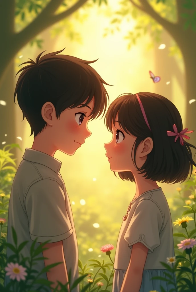 Make me a photo of a boy putting a necklace on a girl