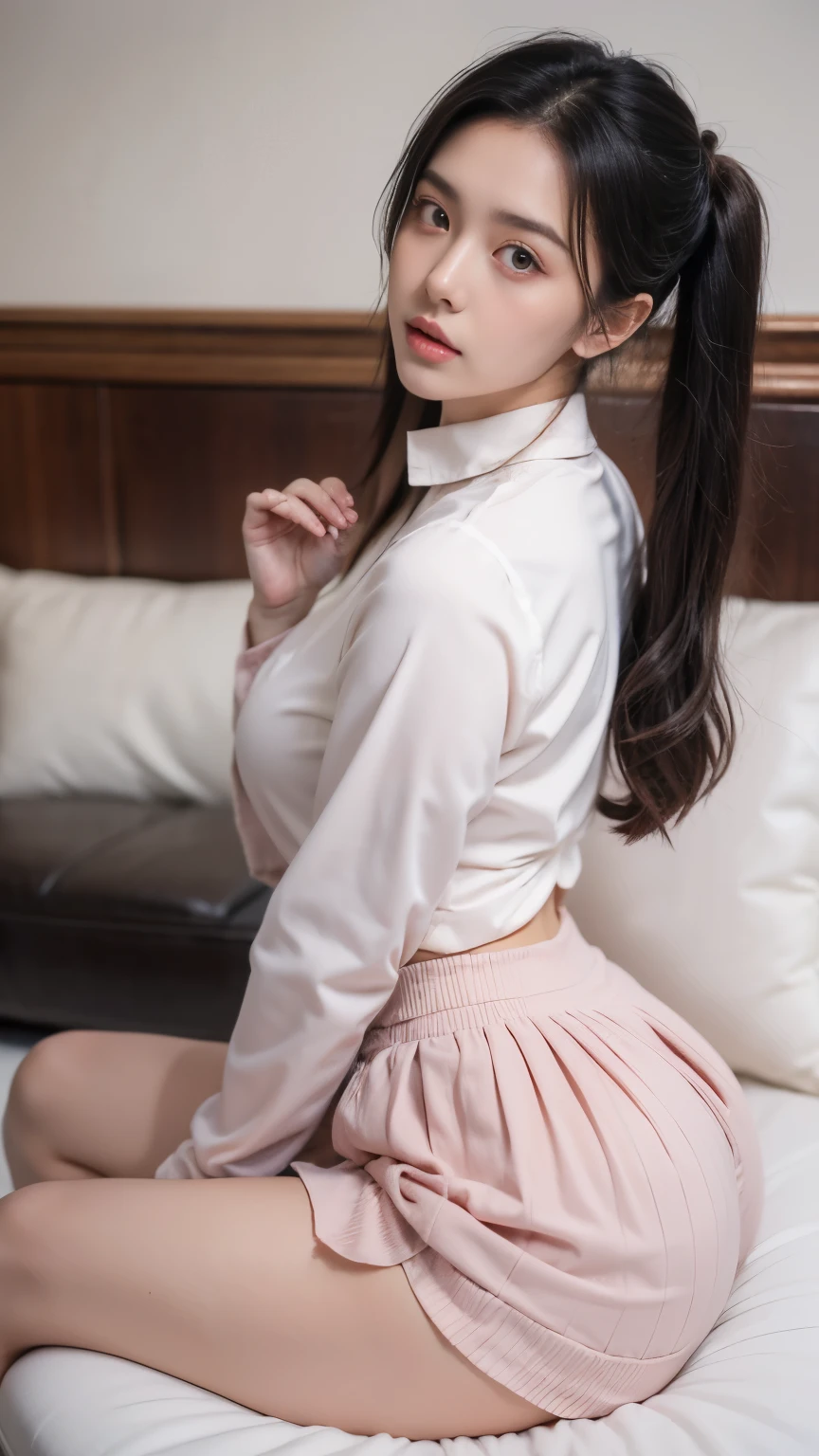 ExpressiveH, perfect face, sexy, cute, beautiful, perfect eyes, detailed eyes, sexy lips, long black hair, twintails, lying on the sofa, looking at viewer, showing ass, score_9, score_8_up, score_7_up, source_anime, haughty, low angle view, 80swa, shiny skin, pink eyes, round prescription glasses, oily, sweaty, cute college egirl, small breasts, sensual waist), wide hips, muscled thighs, thick thighs, Expression angry making a cute pout, white skin, black claws, huge ass, perfect round ass, big ass, long sleeve blouse, pleated school skirt, tight pink Full Body Harness, tight