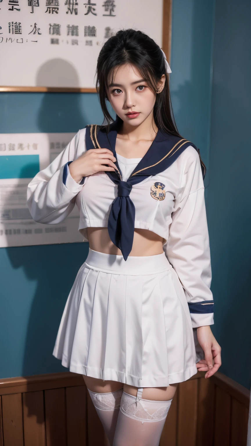 classroom, ((( sailor suit)))、 girl,  The Eyes That Seduce Viewers, Shine, Shine, masterpiece, The sweet taste of temptation, nice, masterpiece,  best quality,  Shadow, S-Core_9, S-Core_8_up, S-Core_7_up、(gigantic breast:1.1)、 black hair、 standing 、(Big Eyes)、(skirt)、Small waist、(Very long legs)、 black stockings、(Breasts covered with clothes)、takeda hiromitsu style, Fingering、ass Fingering、 garter belt 