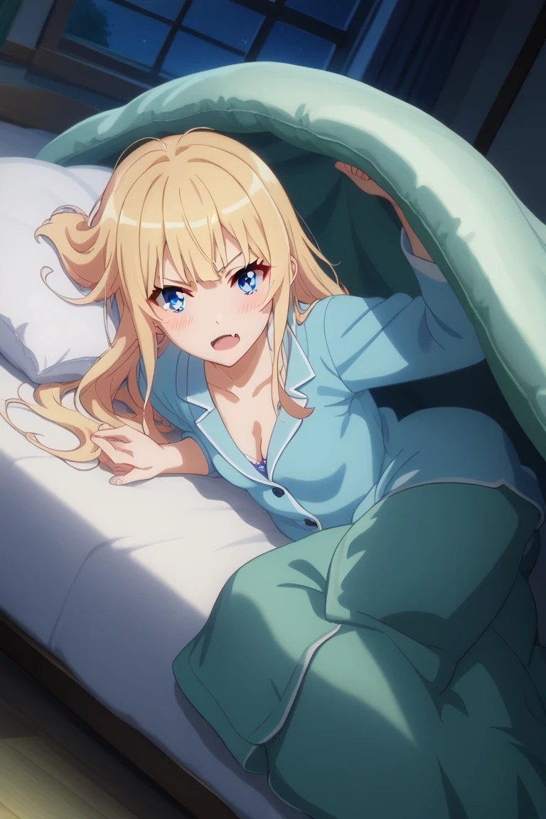 1girl,Eriri blonde hair,blue eyes,sawamura spencer eriri,long hair, small breast, fang,     High Resolution, Masterpiece, High Quality,  anime screencap,  dynamic angle, takeda hiromitsu style,     , cleavage, looking at viewer, bed invitation, on bed, on side, pillow, under covers, dimly light, pajama, night, windows, bedrrom, , blush, 