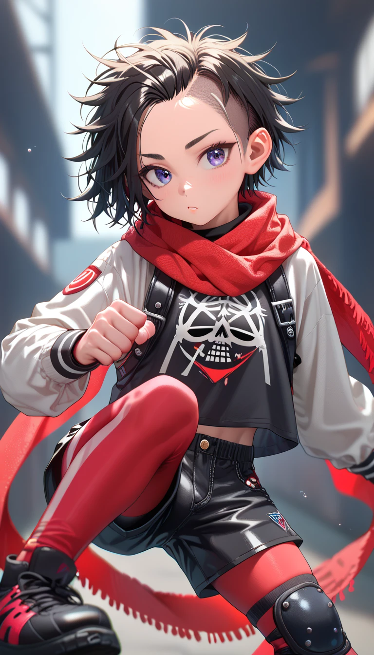 masterpiece, highest_quality, ultra_detailed, depth_of_field, 1boy_focus, boy is (japanese_femboy, (black_hair, messy_hair, crew_cut, forehead_bangs, black_slant_eyes, close_set_low_eyebrows, large_ears), flat_chest, (skeleton_mask:1.5, oversized_shirts, (wide_shorts, leggings):1.5, leather_shoes, legace, knee_pad, scarf):1.5, fighting_pose), five_fingers, detailed_face, full_of_details, hold_cutlass, hold_dagger, dual_wielding