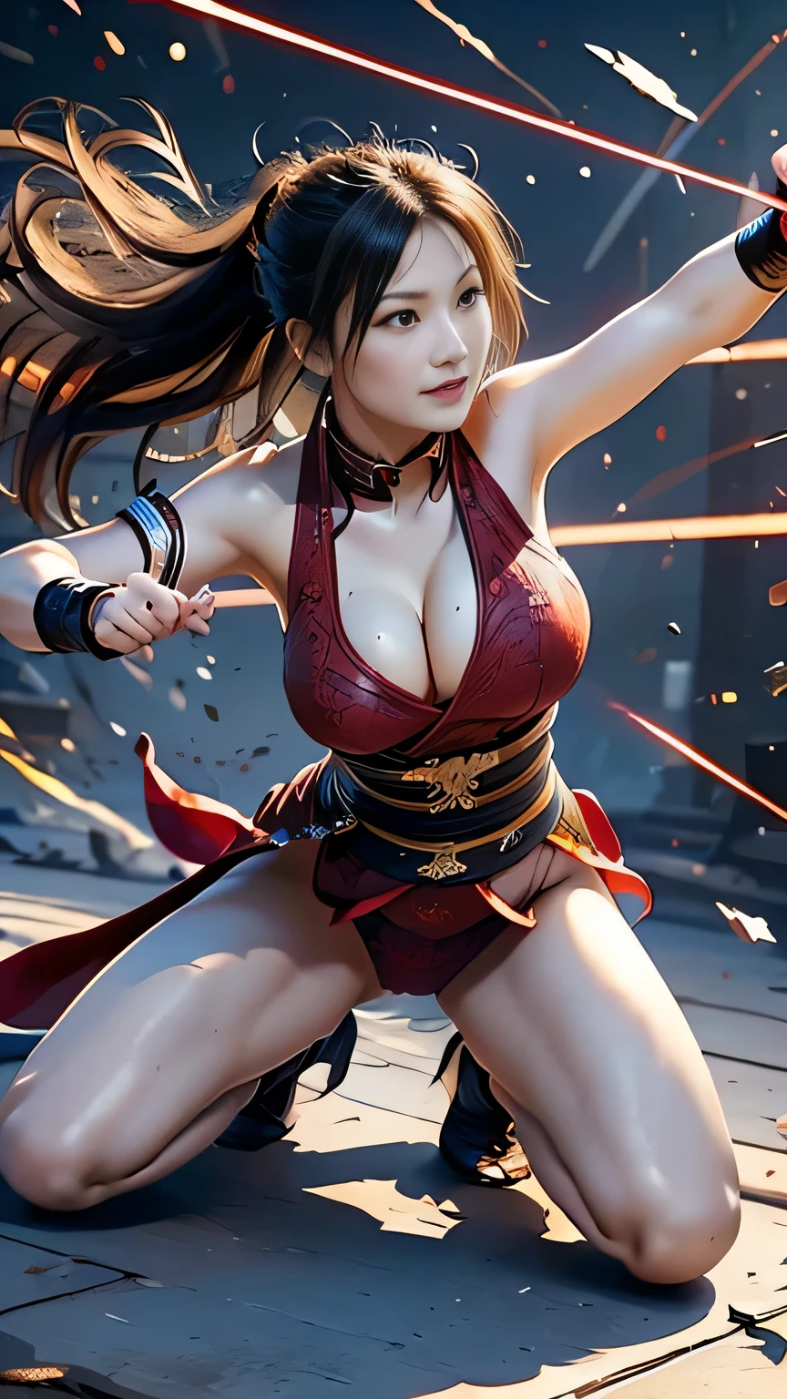 Ultra detailed, masterpiece, best quality, super high resolution, high quality, photorealistic: 1.2, sharp focus, 1 girl, accurate and perfect human anatomy, above knee shot, (huge, large), simple background, smiling, attractive, 8k, perfect, shiny skin, pose, beautiful model, armpit, fine art, CG digital art, street fighter, (Lee Chin:1.3), cute face, red china Dress, Young woman, Voluptuous, Sexy, Erotic, Beautiful face, Detailed face, Perfect proportions, Big breasts, Thin waist, Navel, Crotch gap, Kung fu pose, Thighs, (Dynamic Kung fu pose), (Change pose: 1.2), (Dynamic angle: 1.4), (Fingers go off screen: 1.4), (No fingers drawn: 1.4),