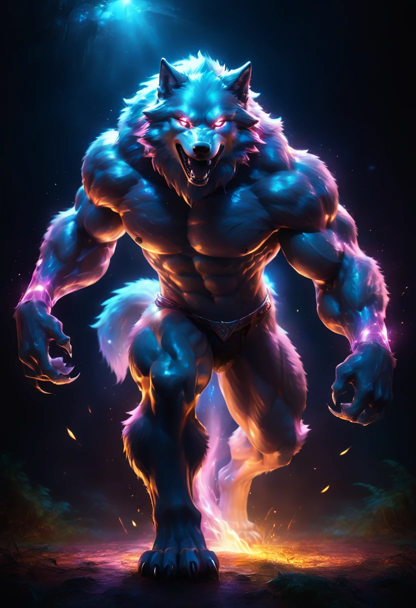 Realism style,Dynamic Lighting,Glow Effect,Chiaroscuro,best quality,dramatic transformation scene,half-wolf half-human,upper body of a cool man,well-defined muscles,sharp and intense facial features,entirely glowing eyes,lower body of a wolf,furry and muscular legs,large wolf paws,bipedal stance,wide open mouth,teeth bared,body emitting an ethereal glow, holographic,BREAK,powerful aura,distorted and trembling background,vivid light rays radiating from the werewolf,illuminated dark forest,swirling mist, neoncore,shattered ground,nighttime setting,epic and overwhelming atmosphere
