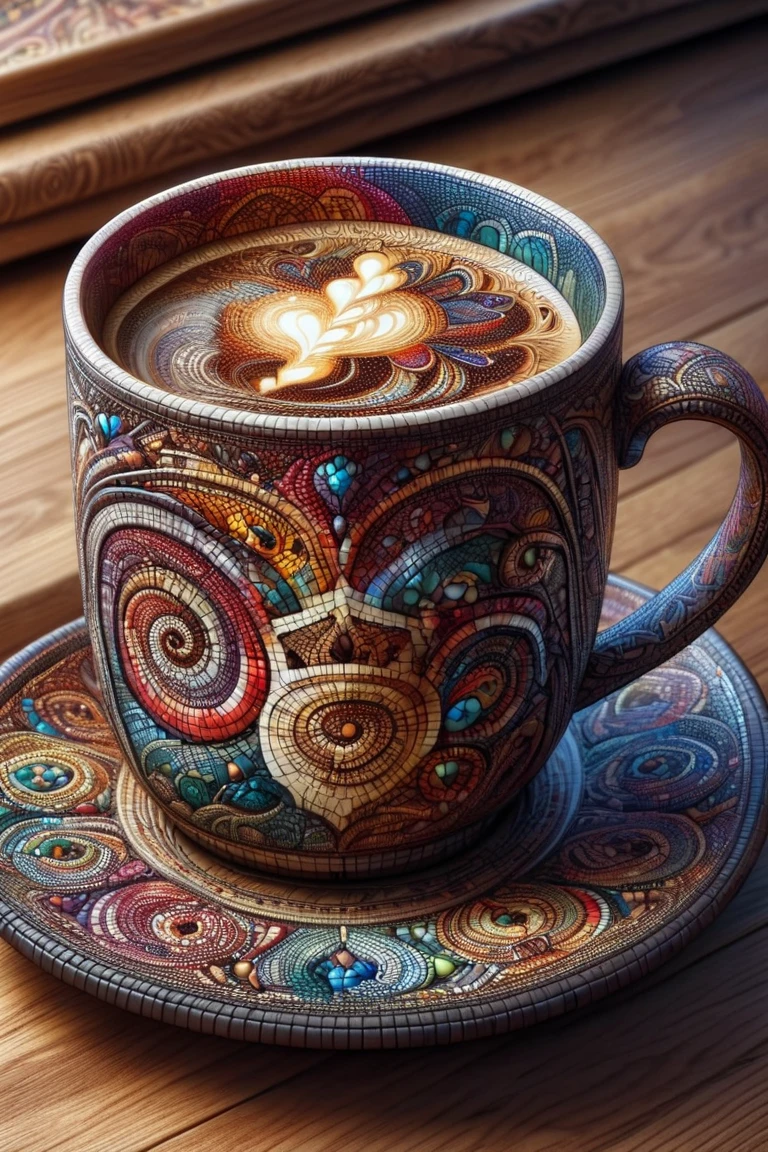 A colorful intricate ais-mosaic mug of coffee on a wooden table 