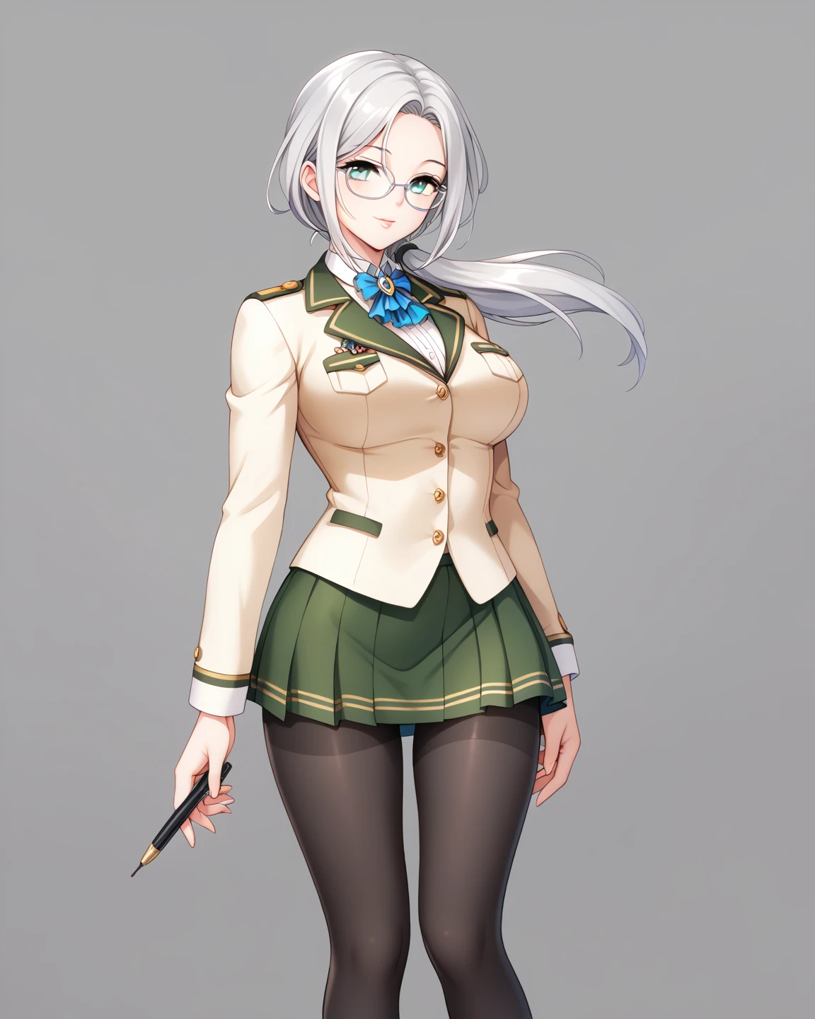  Masterpiece, 1 Guild Receptionist ,　pen:1.5 ,(( Adventurers Guild Receptionist's Uniform :1.4)),(( Tight Skirt with Slits :1.4)), Long Sleeve ,Silver glasses,(( Black Knee High Tights:1.2)),Height: 165cm, beautiful body line ,Big Breasts, black hair,((A woman with beautiful, gentle, and beautiful gray eyes wearing a low ponytail on her shoulder :1.4)),A woman with gray eyes and a beautiful and gentle face, beautiful model standing, viewed from oblique front,((:1.4))