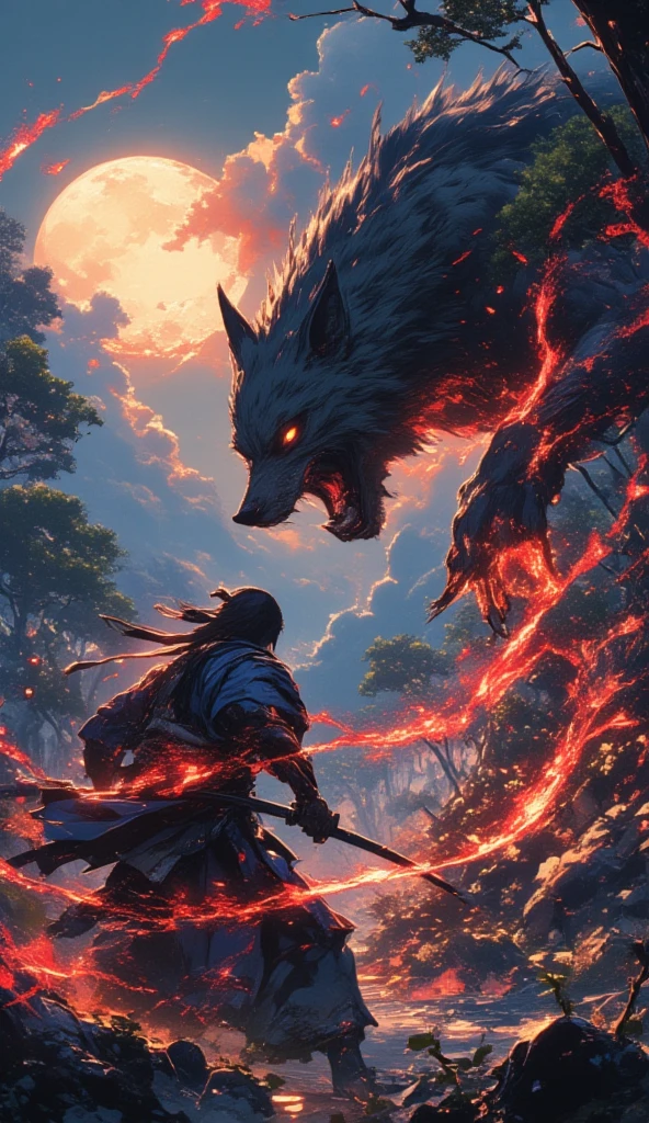 A samurai with a katana fights a giant werewolf in the forest. The samurai's back is facing the viewer, while the giant werewolf can be seen jumping high in the air above the samurai, with its claws swiping down. The glaring red trail of its claws swipe is visible. Some trees are chopped down from their fight. Up in the sky, the full moon shines brightly from afar. 