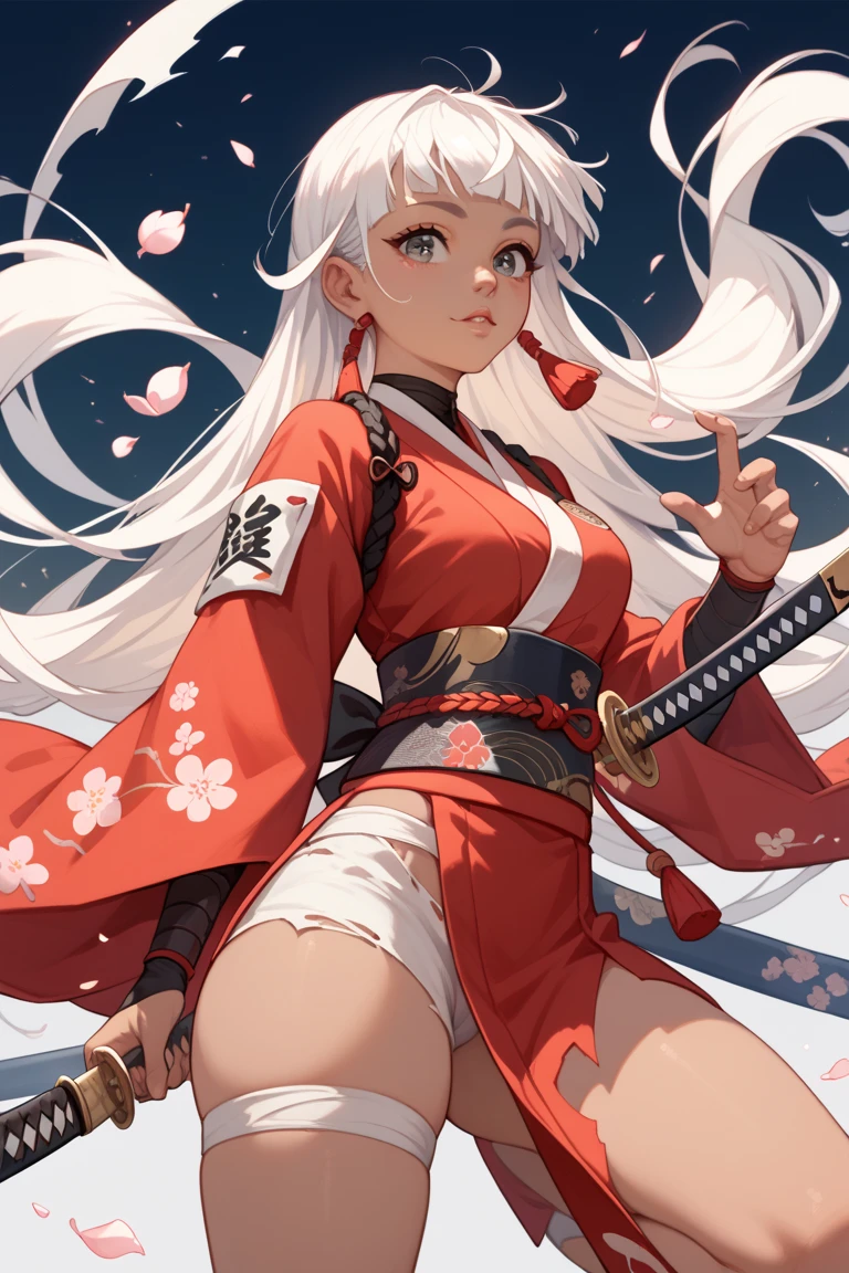 anime woman, white long hair, cute, samurai outfit, holding up a ultra long katana, round anime eyes, anime concept, ronin  torned apart cropped outfit, dark anime concept, ripped clothes, thick legs