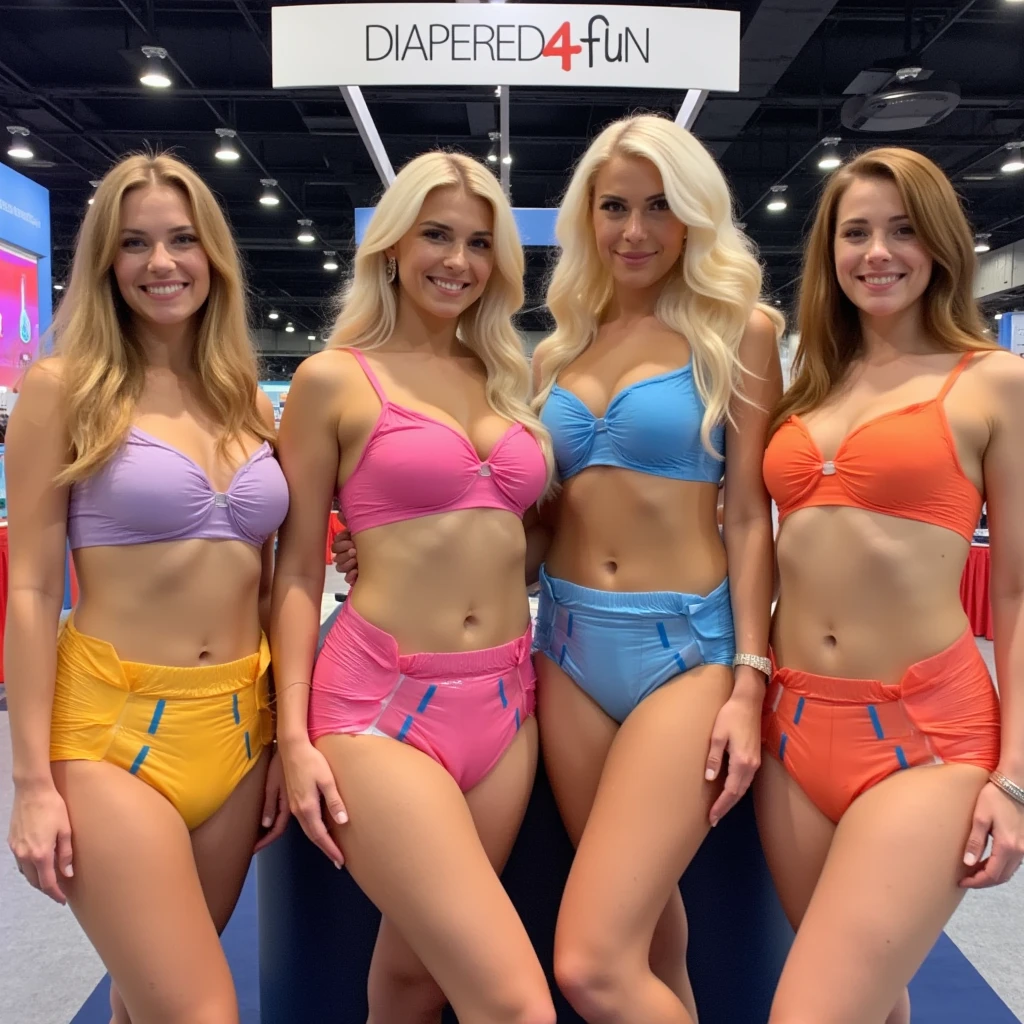 Four booth babes are posing in front of a booth at a convention. They are wearing skimpy outfits that each are color coordinated. Each woman is wearing a very large diaper that matches her top. The diapers are bulky. The sides of the diaper are the same color and the sides are a complenetary color. It's a very lively scene with vibrant colors. Each woman is very flat chested. The are prepresenting a booth with the text "diapered4fun".