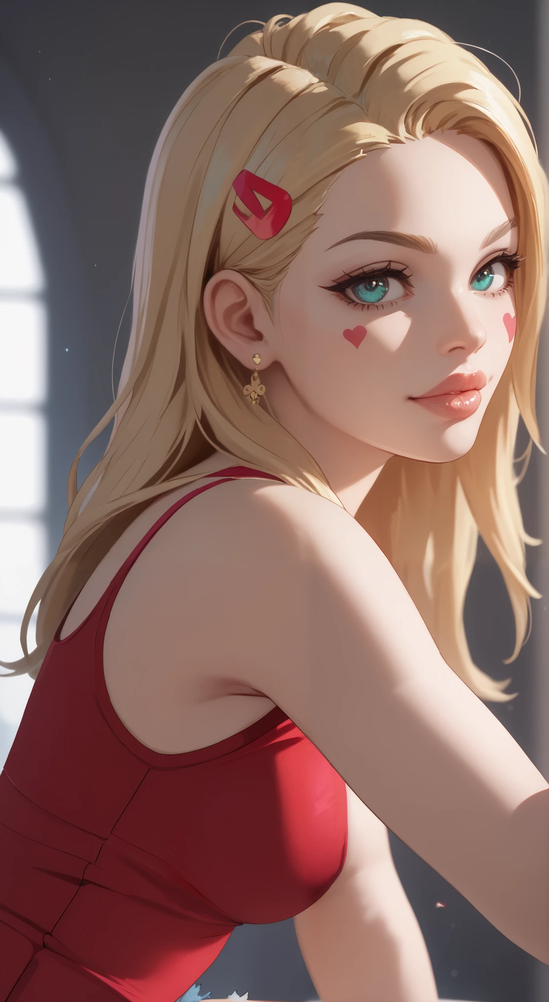 young girl, longue blonde hair, Hairpin with a bundle,  turquoise eyes, Yakuza tattoos, red tight uniform, Sleeveless, Wide neckline on the chest to the abdomen, Gold Elements, Red outfit, Shorts, Masterpiece, hiquality, 4k, HD, Good details, side view, side overview, Long Hair, thick lips