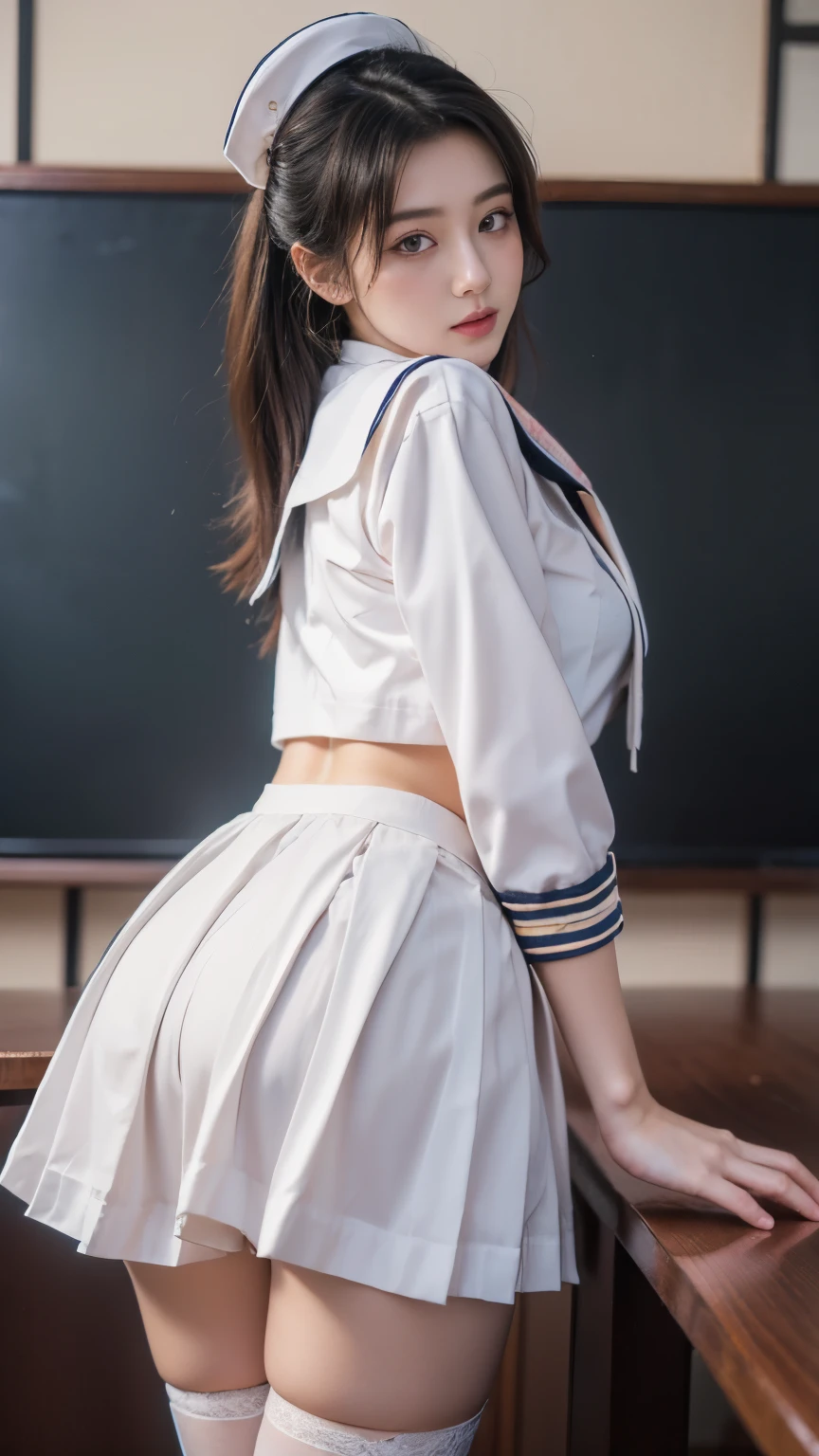 classroom, ((( sailor suit)))、 girl, The Eyes That Seduce Viewers, Shine, Shine, masterpiece, The sweet taste of temptation, nice, masterpiece, best quality, Shadow, S-Core_9, S-Core_8_up, S-Core_7_up、(gigantic breast:1.1)、 black hair、 standing 、(Big Eyes)、(skirt)、Small waist、(Very long legs)、 black stockings、(Breasts covered with clothes)、takeda hiromitsu style, Fingering、ass Fingering、 garter belt