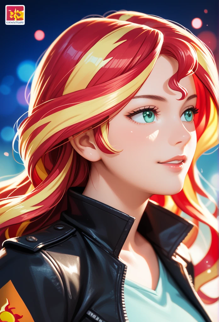 Sunset Shimmer gently gazing at a small  with a caring and maternal expression, her body slightly leaning forward, vibrant warm tones highlighting her kindness, the  looking curious and happy, soft lighting, detailed background with subtle home-like elements, anime-style illustration, manga aesthetics, three-panel comic layout, HQ quality, 8K resolution, rich and vibrant colors, emotional and heartwarming atmosphere.